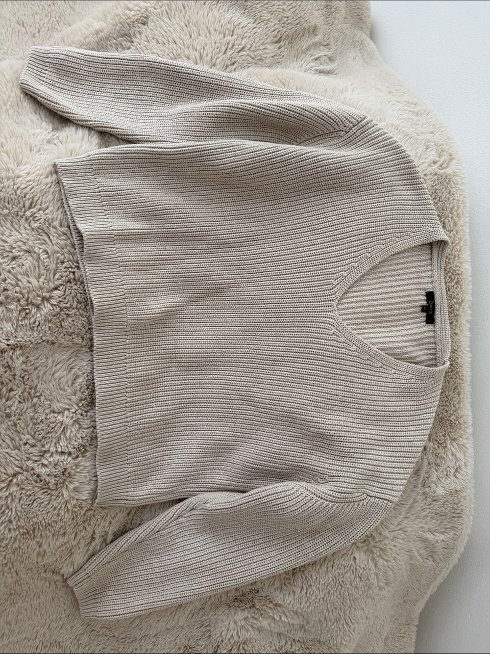Quince Cream V-Neck Ribbed Knit Sweater